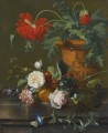 テラコッタの花瓶に入ったケシの静物 バラ カーネーションとその他の花 ヤン・ファン・ホイスム